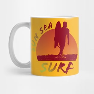 Sun Sea and Surf with surfer silhouette over sunset Mug